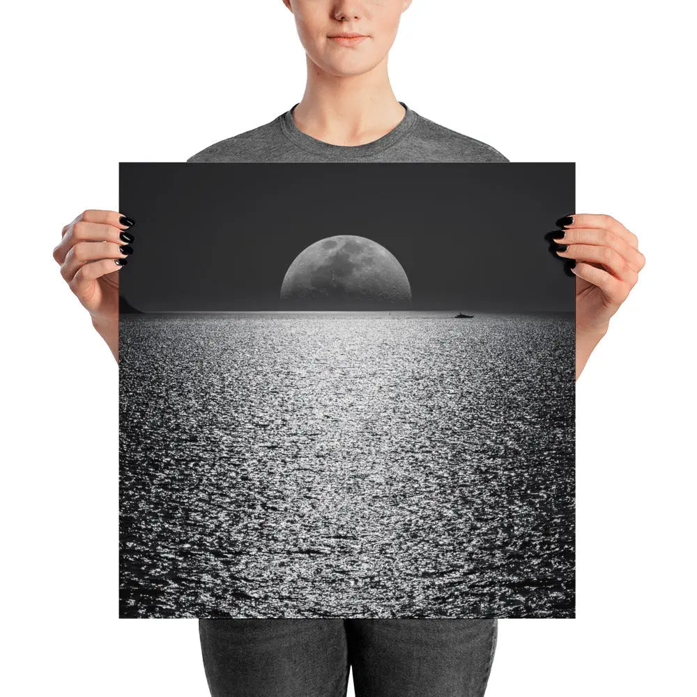 Full Moon Setting Over The Sea Poster B&W