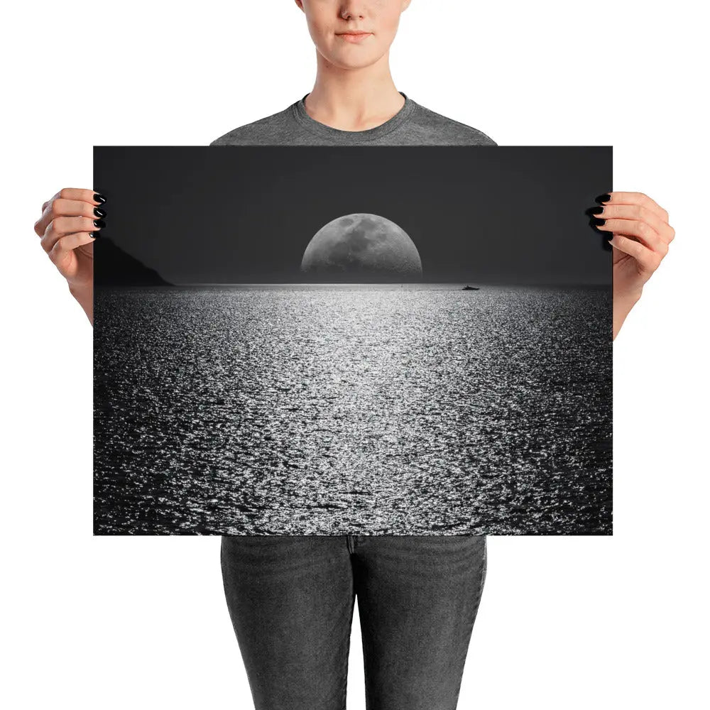 Full Moon Setting Over The Sea Poster B&W